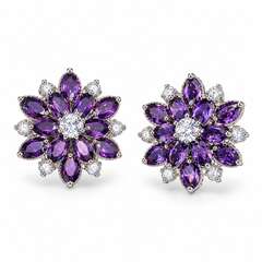 Dahlia flower stud earring pair in Violet, showing the layered marquise petals and round clear centre.